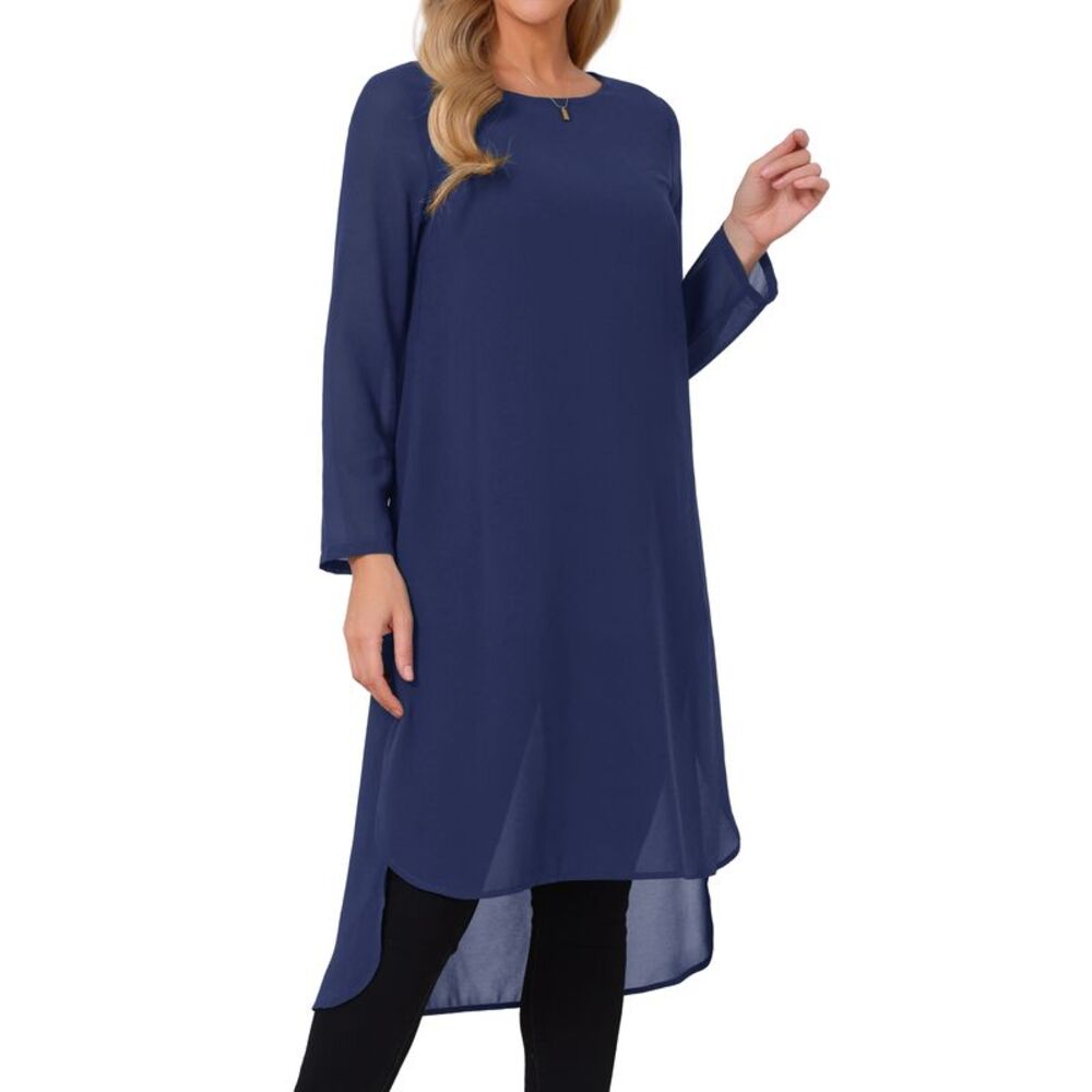 Womens High Low Tops Chiffon Blouse Asymmetric Loose Fit Casual Top Dark Blue